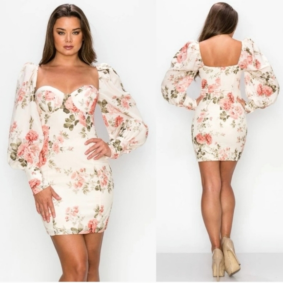 Romantic Floral Sweetheart Puff Sleeve Bodycon Mini Dress Medium Valentines NWOT - Picture 1 of 16